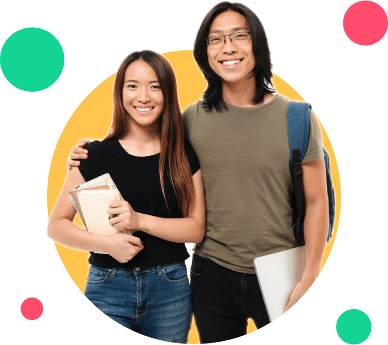 Two friends smiling together wearing bright clothings