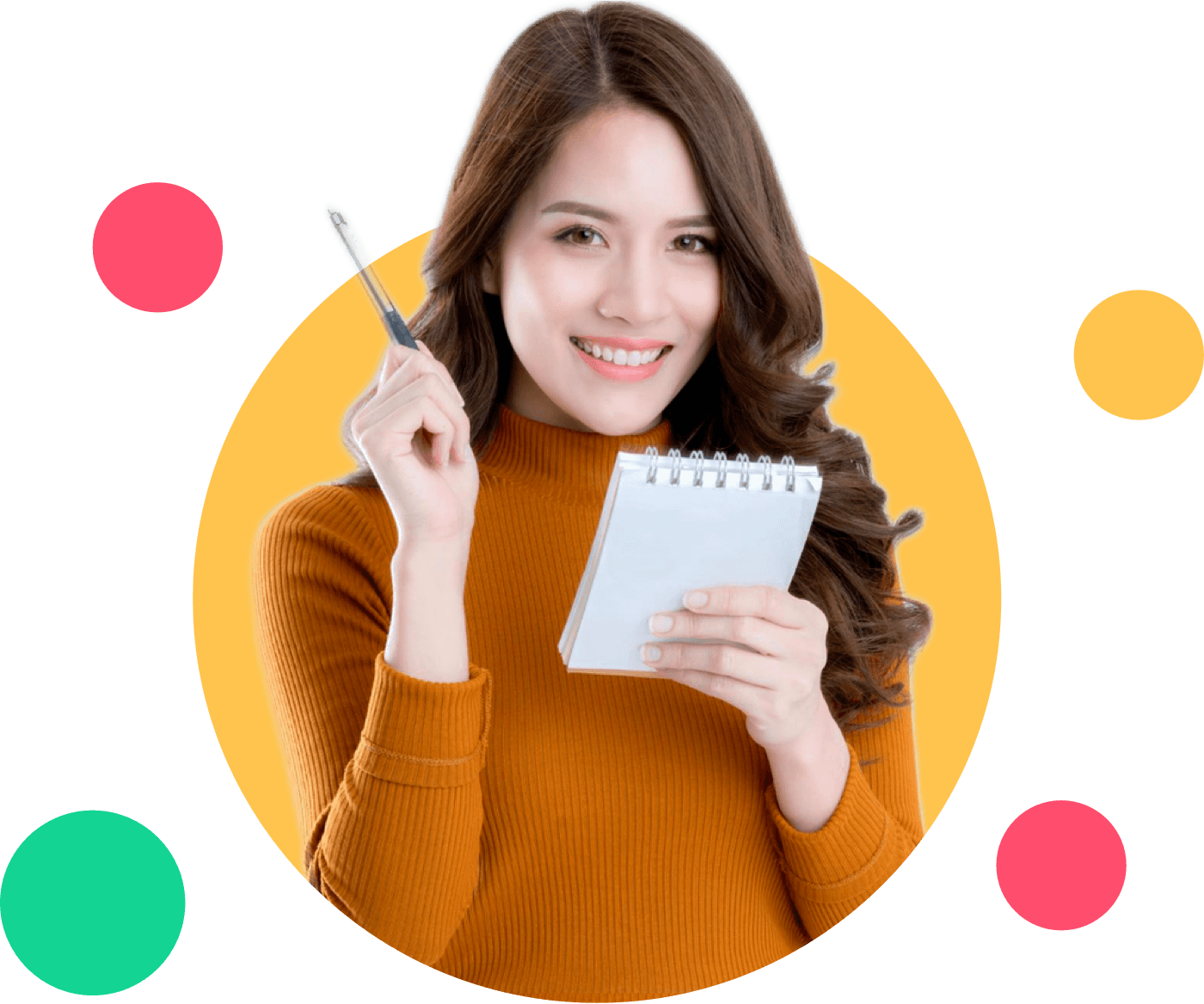 Woman smiling holding a pen and paper